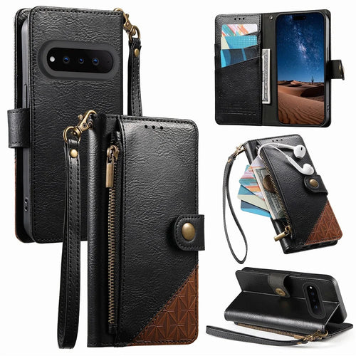 For Natural AI Phone Case Color Splicing TPU PU Leather Flip Shockproof Phone Cover with Wrist Strap - Black - 1