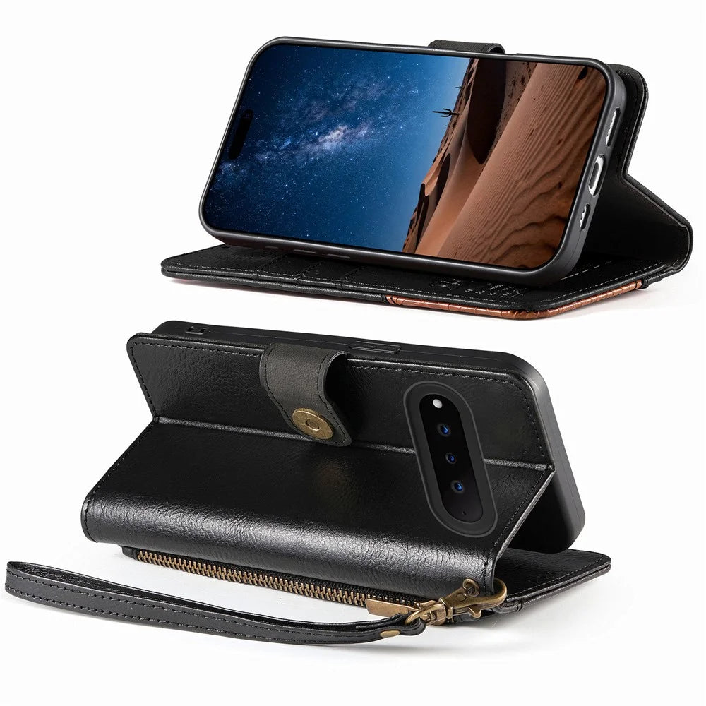 For Natural AI Phone Case Color Splicing TPU PU Leather Flip Shockproof Phone Cover with Wrist Strap - Black - 3