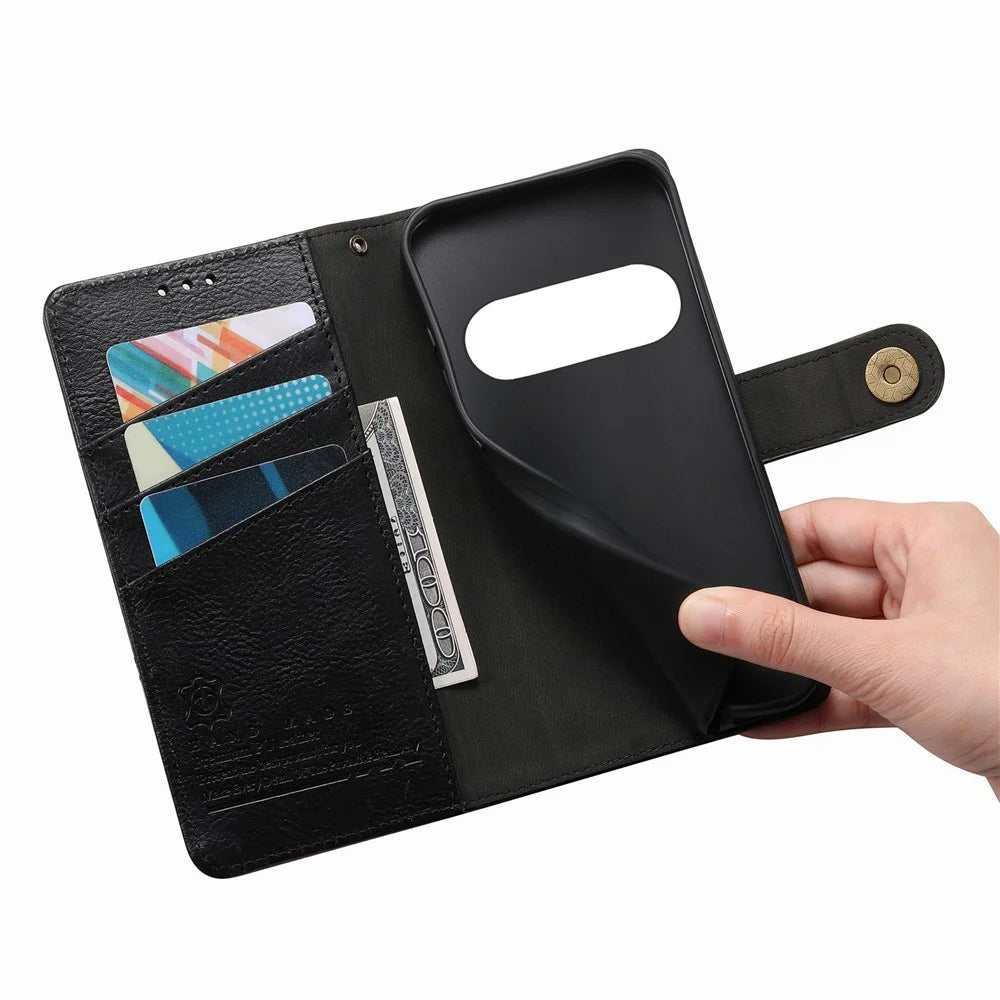 For Natural AI Phone Case Color Splicing TPU PU Leather Flip Shockproof Phone Cover with Wrist Strap - Black - 5