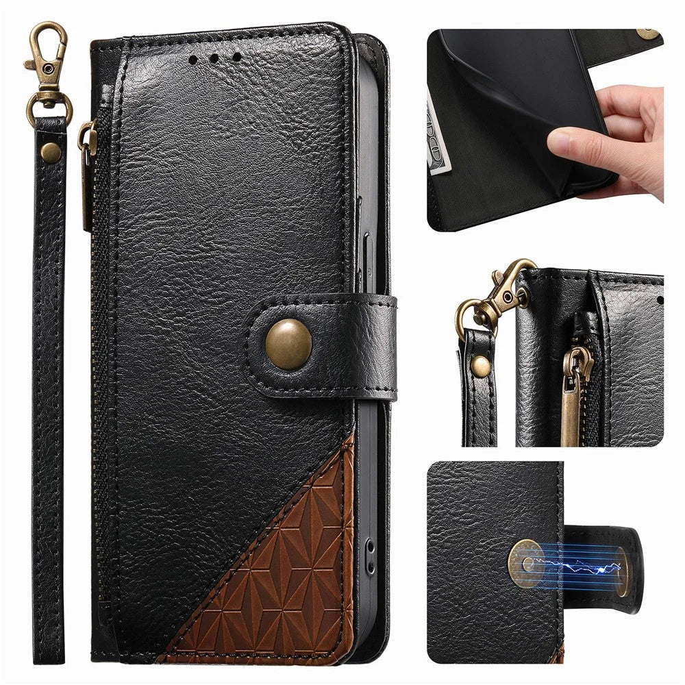 For Natural AI Phone Case Color Splicing TPU PU Leather Flip Shockproof Phone Cover with Wrist Strap - Black - 6