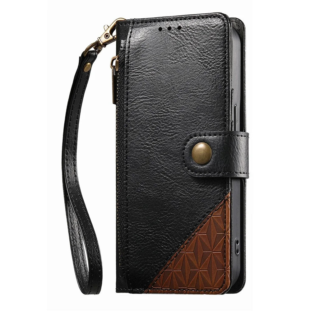 For Natural AI Phone Case Color Splicing TPU PU Leather Flip Shockproof Phone Cover with Wrist Strap - Black - 7