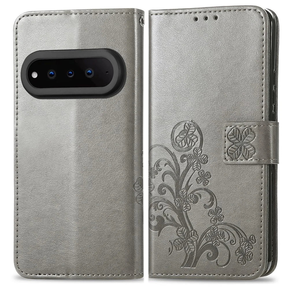 For Natural AI Phone Leather Case Four-Leaf Clover Wallet Phone Cover - Grey - 1