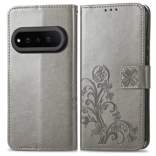 For Natural AI Phone Leather Case Four-Leaf Clover Wallet Phone Cover - Grey - 1