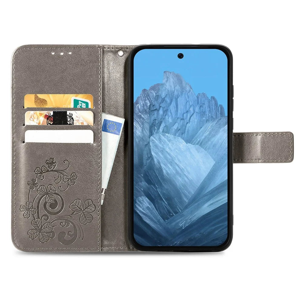 For Natural AI Phone Leather Case Four-Leaf Clover Wallet Phone Cover - Grey - 2