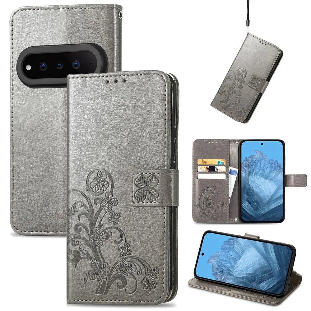 For Natural AI Phone Leather Case Four-Leaf Clover Wallet Phone Cover - Grey - 4
