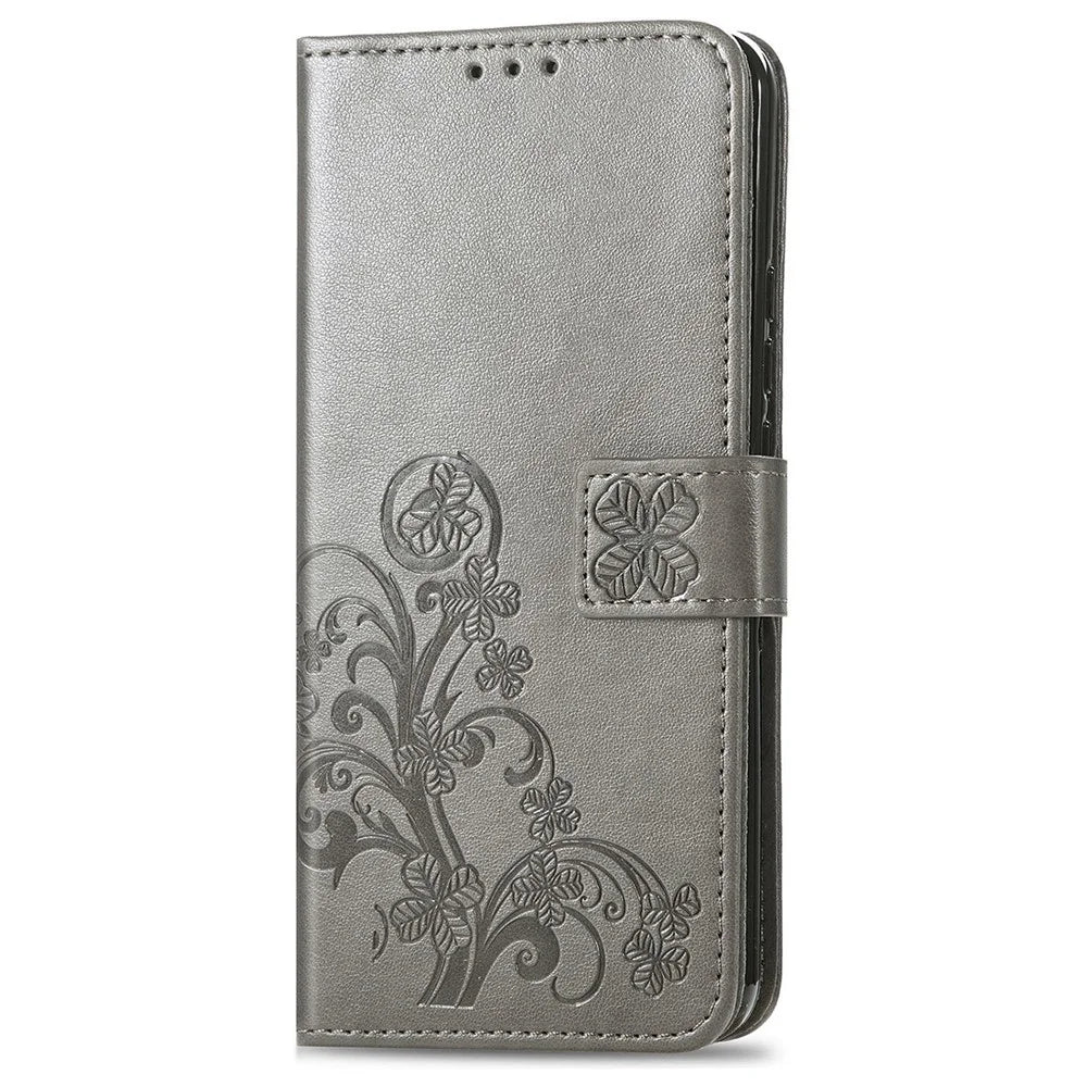 For Natural AI Phone Leather Case Four-Leaf Clover Wallet Phone Cover - Grey - 5