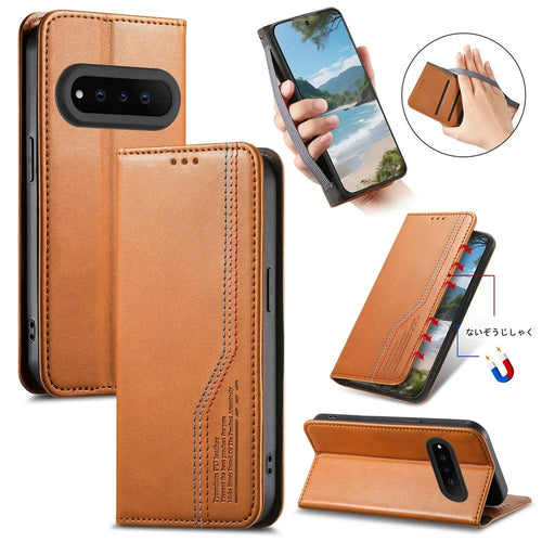 For Natural AI Phone Case Wallet Tri-Color Stitching Leather Phone Cover with Elastic Wristband - Brown - 1