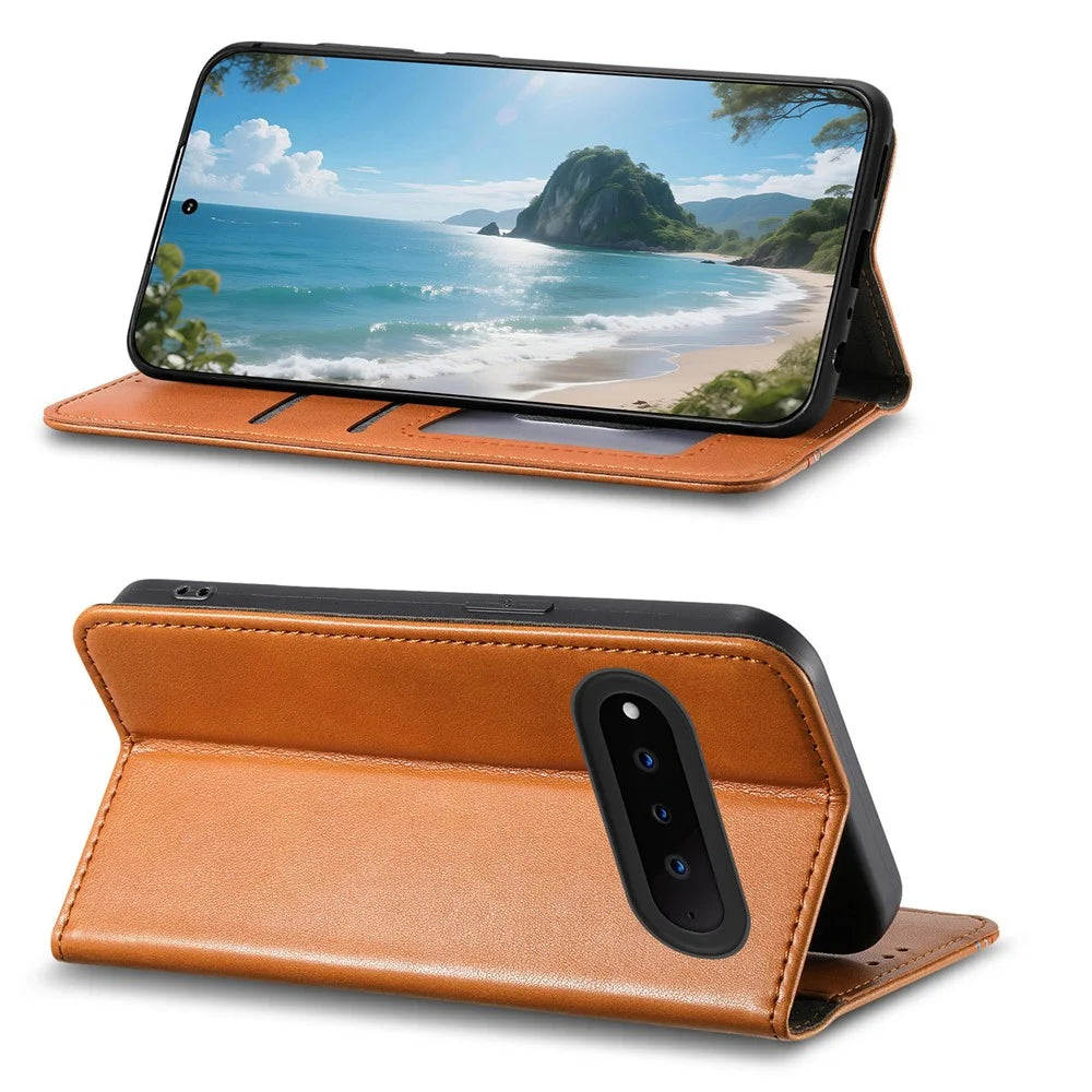 For Natural AI Phone Case Wallet Tri-Color Stitching Leather Phone Cover with Elastic Wristband - Brown - 3