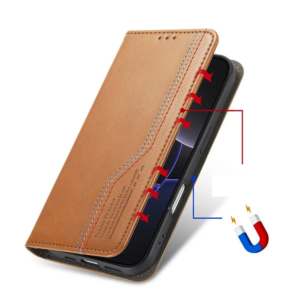 For Natural AI Phone Case Wallet Tri-Color Stitching Leather Phone Cover with Elastic Wristband - Brown - 7