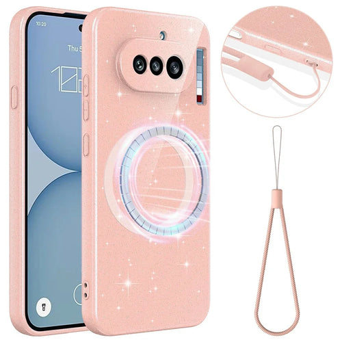 For Nothing Phone (4a) Magnetic Case Glitter TPU Shockproof Phone Cover with Lanyard - Pink - 1