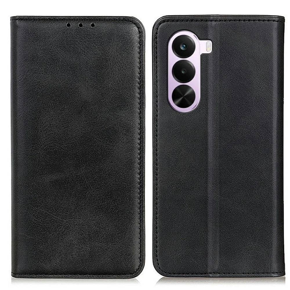 For OnePlus Nord CE6 Lite 5G  /  Realme P4x 5G Case Cowhide Texture Split Leather Flip Wallet Phone Cover - Black - 1