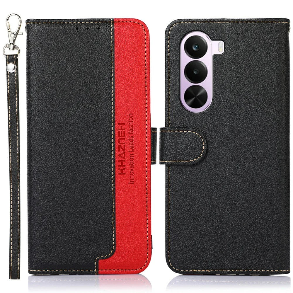 KHAZNEH For OnePlus Nord CE6 Lite 5G  /  Realme P4x 5G Case RFID Blocking Wallet Litchi Texture PU Leather Phone Cover with Strap - Black - 1