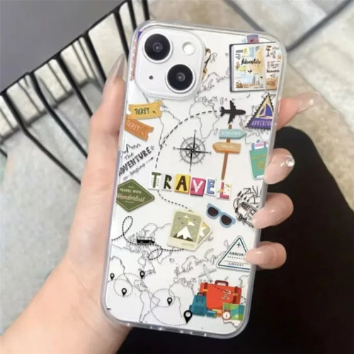 For iPhone 13 Pro Case Travel Map Aircraft Pattern Clear TPU Shockproof Phone Cover - Transparent - 1