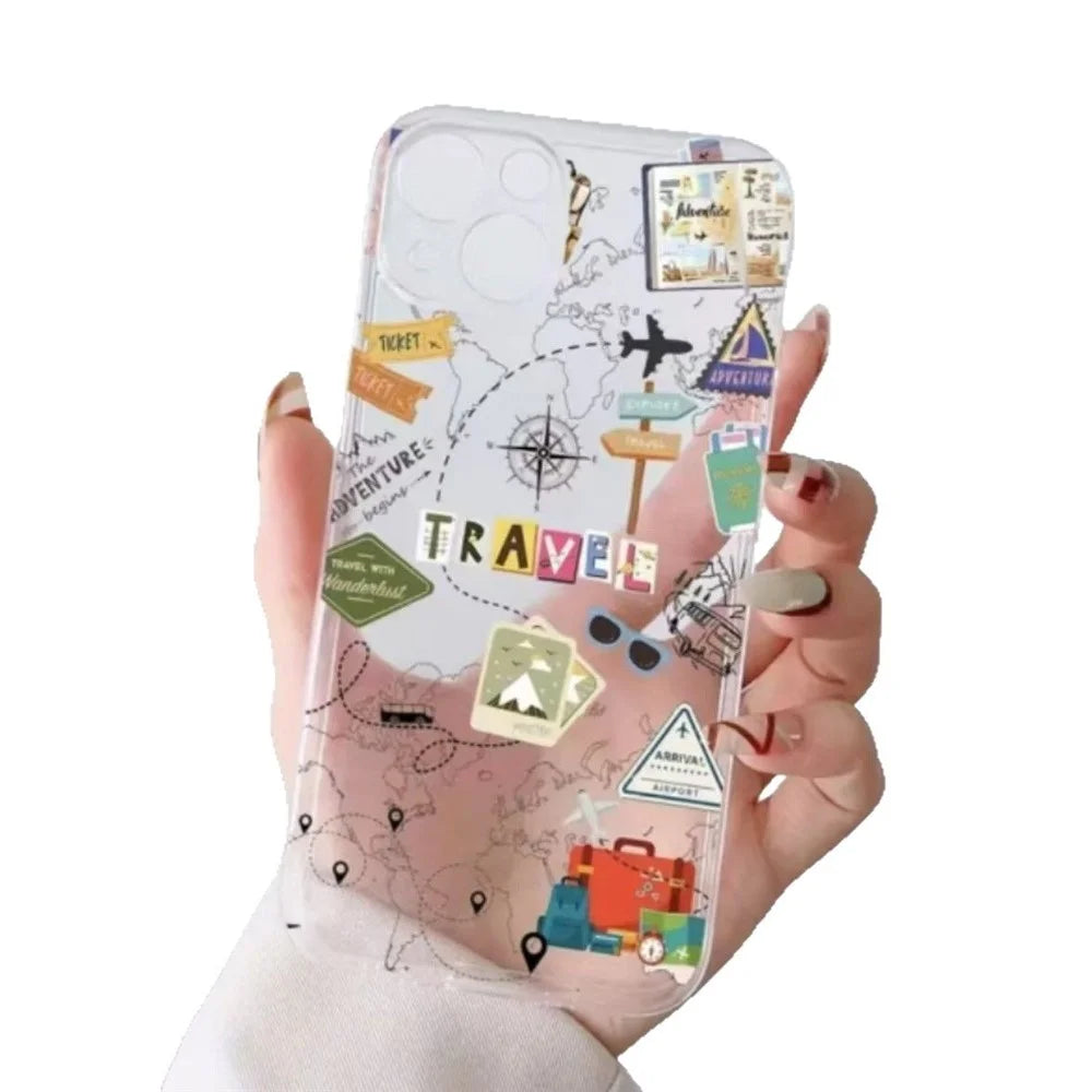For iPhone 13 Pro Case Travel Map Aircraft Pattern Clear TPU Shockproof Phone Cover - Transparent - 5