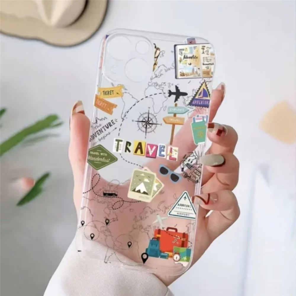 For iPhone 15 Plus Case Travel Map Aircraft Pattern Clear TPU Shockproof Phone Cover - Transparent - 3