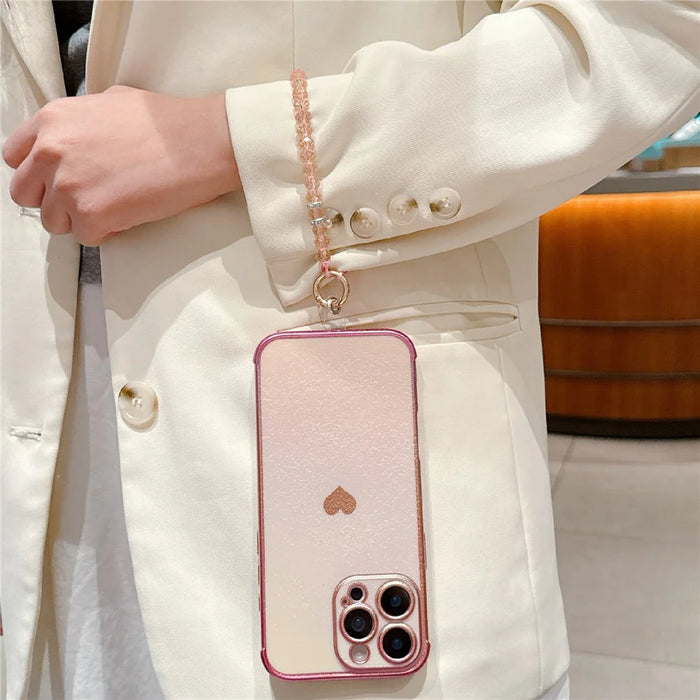 For iPhone 16 Pro Max Case Heart Pattern Iridescent Gradient TPU Phone Cover with Beaded Strap - Colorful Pink - 3