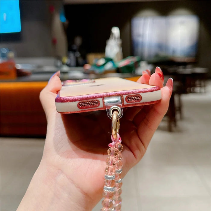 For iPhone 16 Pro Max Case Heart Pattern Iridescent Gradient TPU Phone Cover with Beaded Strap - Colorful Pink - 5