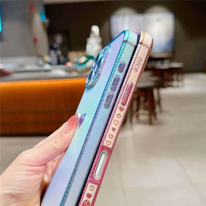 For iPhone 16 Pro Max Case Heart Pattern Iridescent Gradient TPU Phone Cover with Beaded Strap - Colorful Pink - 7