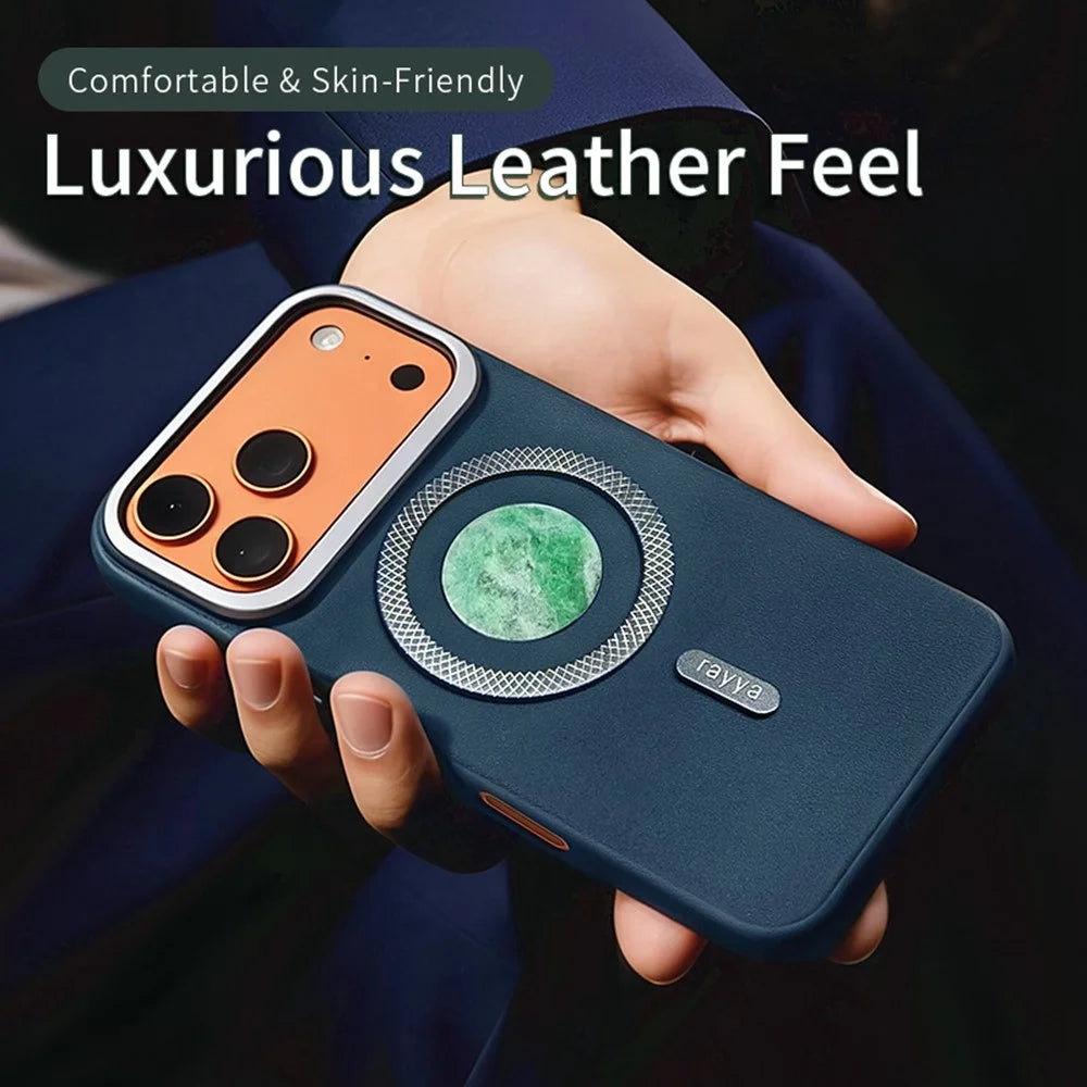 RAYYA For iPhone 17 Pro Max Magnetic Case Jadeite Inlay Leather + PC + TPU Phone Back Cover - Blue - 3