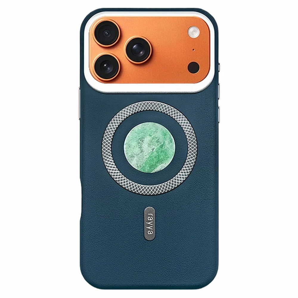 RAYYA For iPhone 17 Pro Magnetic Case Jadeite Inlay Leather + PC + TPU Phone Back Cover - Blue - 1