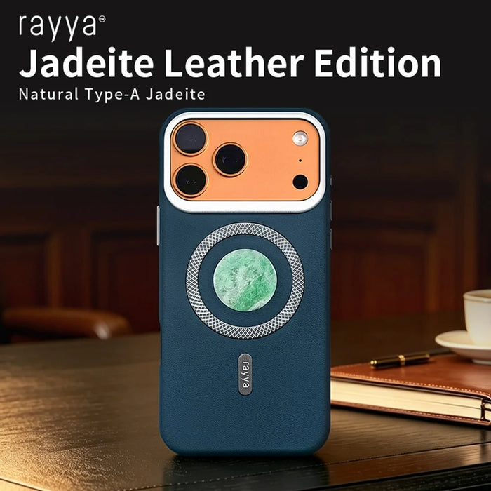 RAYYA For iPhone 17 Pro Magnetic Case Jadeite Inlay Leather + PC + TPU Phone Back Cover - Blue - 2