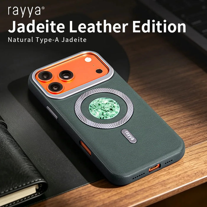 RAYYA For iPhone 17 Pro Magnetic Case Jadeite Inlay Leather + PC + TPU Phone Back Cover - Blue - 4
