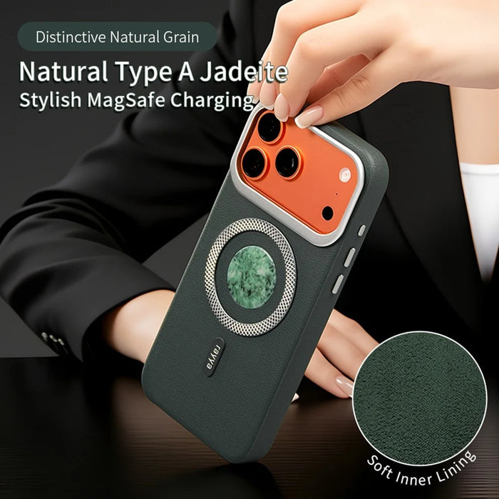RAYYA For iPhone 17 Pro Magnetic Case Jadeite Inlay Leather + PC + TPU Phone Back Cover - Blue - 7