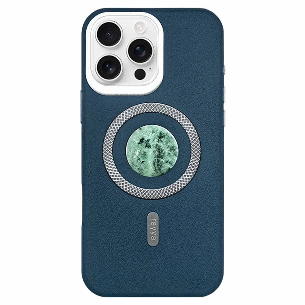 RAYYA For iPhone 16 Pro Max Magnetic Case Jadeite Inlay Leather + PC + TPU Phone Back Cover - Blue - 1
