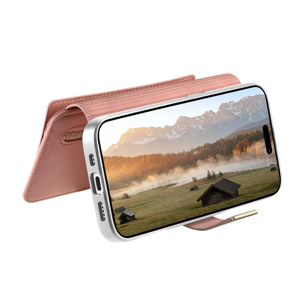 For iPhone 17 Case RFID Blocking Detachable Magnetic Leather Phone Cover with Ring Holder - Pink - 2