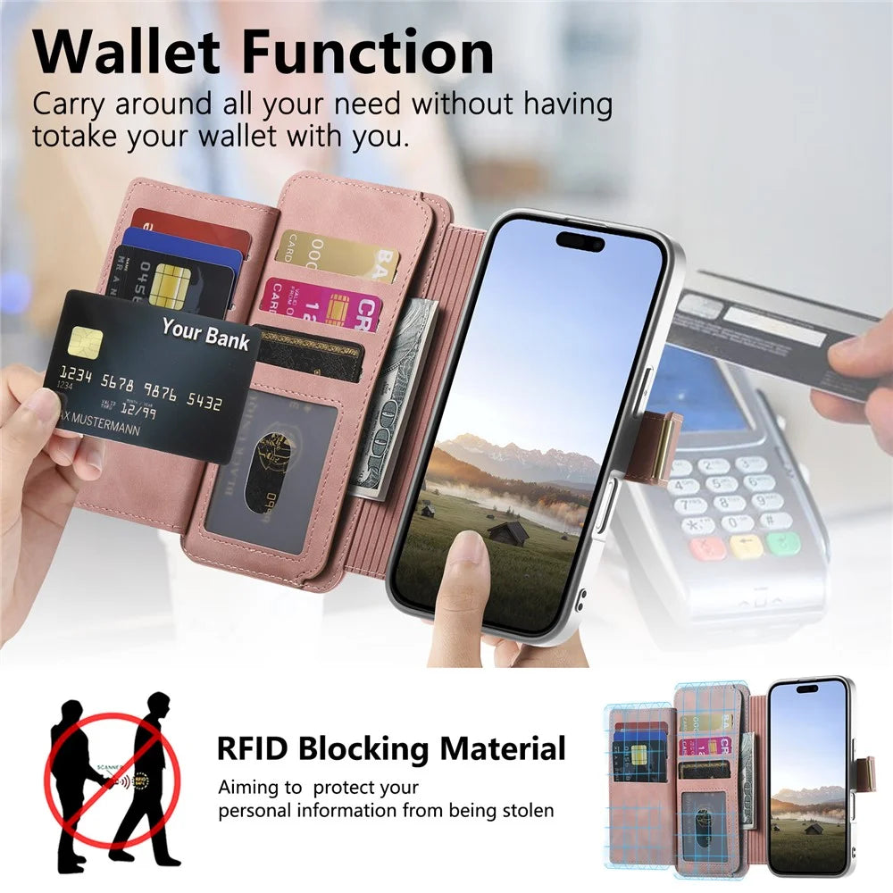 For iPhone 17 Case RFID Blocking Detachable Magnetic Leather Phone Cover with Ring Holder - Pink - 5