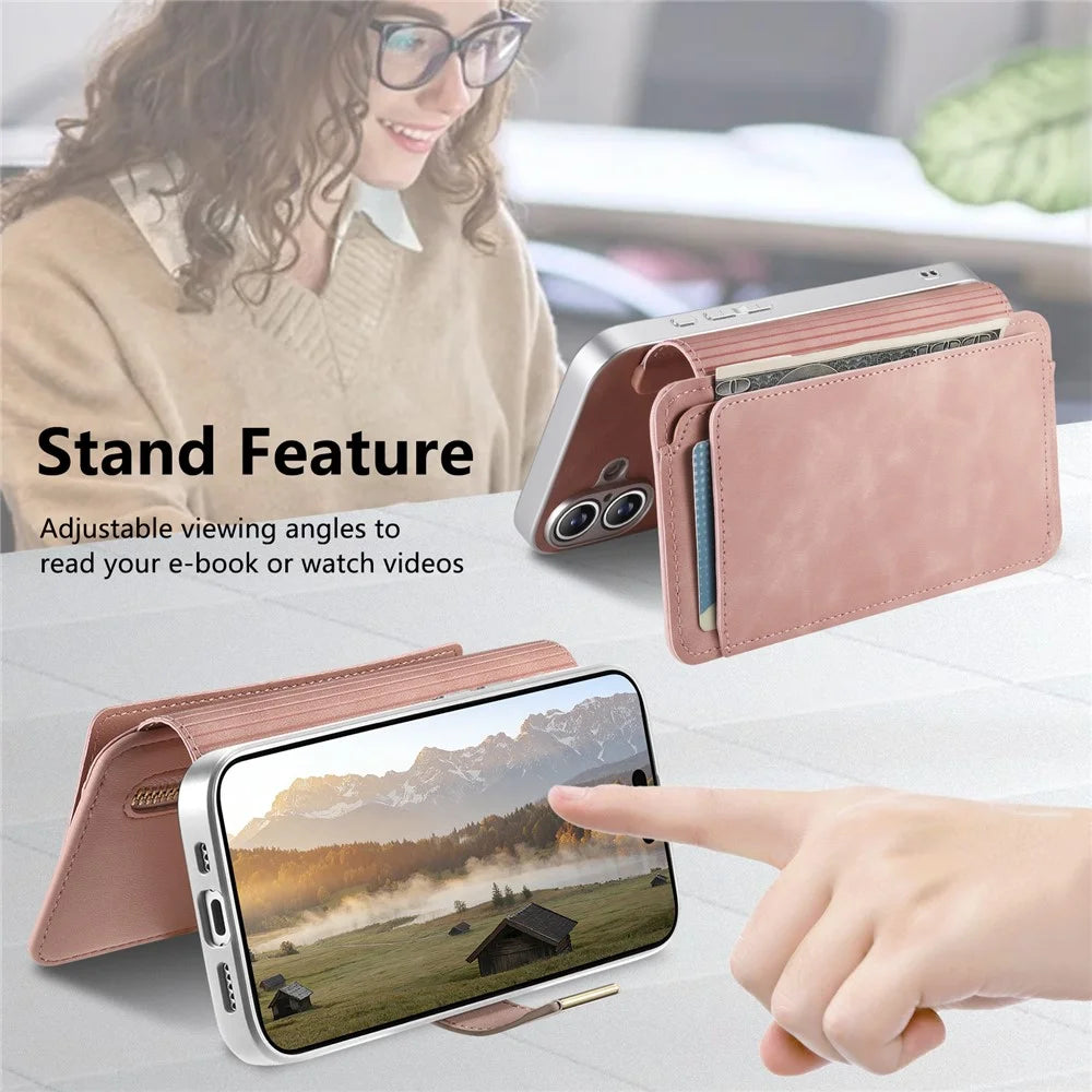 For iPhone 17 Case RFID Blocking Detachable Magnetic Leather Phone Cover with Ring Holder - Pink - 6
