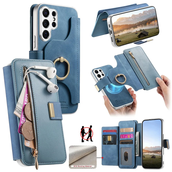 For Samsung Galaxy S26 Ultra Case RFID Blocking Detachable Magnetic Leather Phone Cover with Ring Holder - Blue - 1