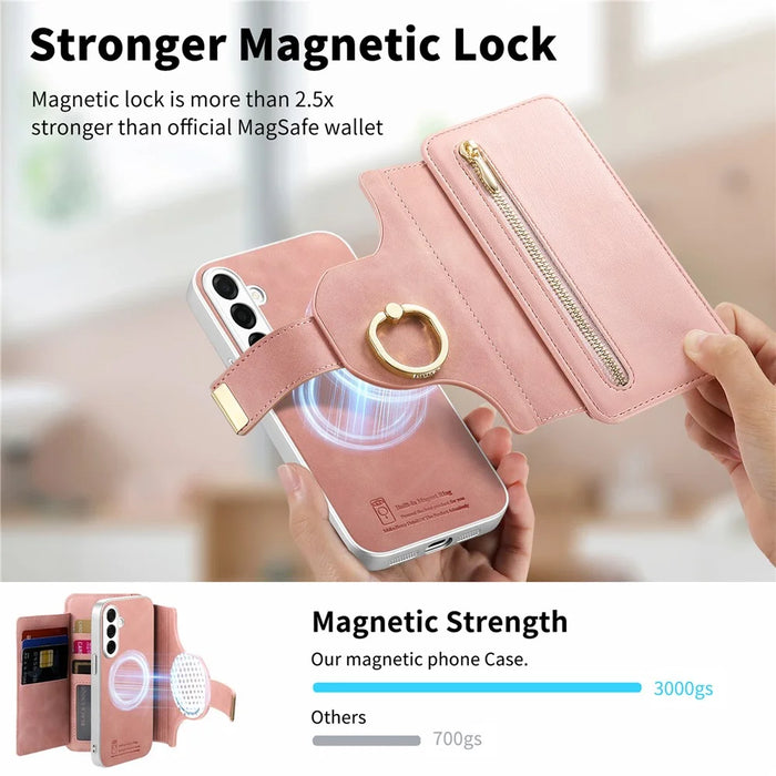 For Samsung Galaxy S26+ Case RFID Blocking Detachable Magnetic Leather Phone Cover with Ring Holder - Pink - 5