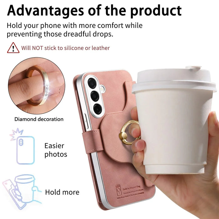 For Samsung Galaxy S26+ Case RFID Blocking Detachable Magnetic Leather Phone Cover with Ring Holder - Pink - 7