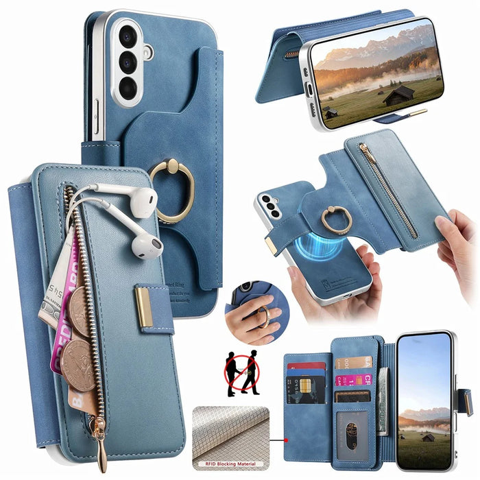 For Samsung Galaxy A37 5G Case RFID Blocking Detachable Magnetic Leather Phone Cover with Ring Holder - Blue - 1