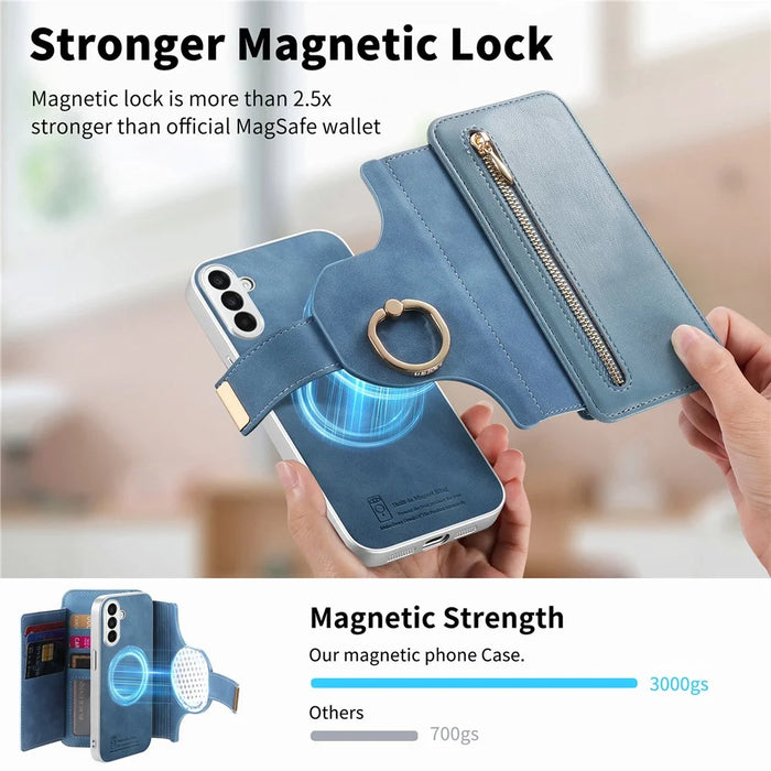 For Samsung Galaxy A37 5G Case RFID Blocking Detachable Magnetic Leather Phone Cover with Ring Holder - Blue - 6
