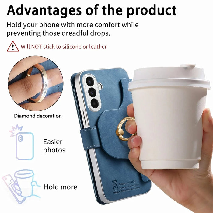 For Samsung Galaxy A37 5G Case RFID Blocking Detachable Magnetic Leather Phone Cover with Ring Holder - Blue - 7