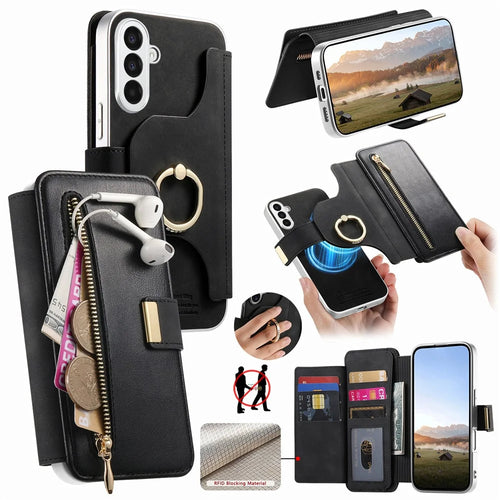 For Samsung Galaxy A18 5G / A18 4G / A17 5G / A17 4G Case RFID Blocking Detachable Magnetic Leather Phone Cover with Ring Holder - Black - 1
