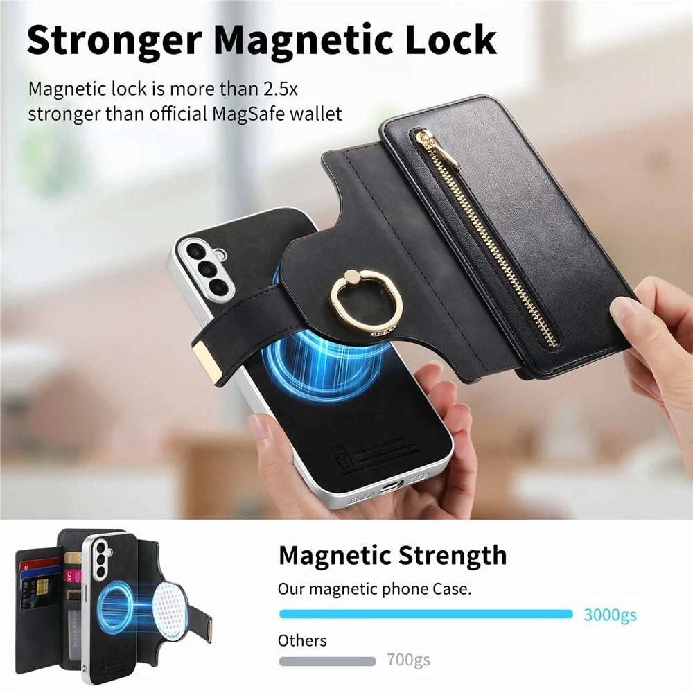 For Samsung Galaxy A18 5G / A18 4G / A17 5G / A17 4G Case RFID Blocking Detachable Magnetic Leather Phone Cover with Ring Holder - Black - 6