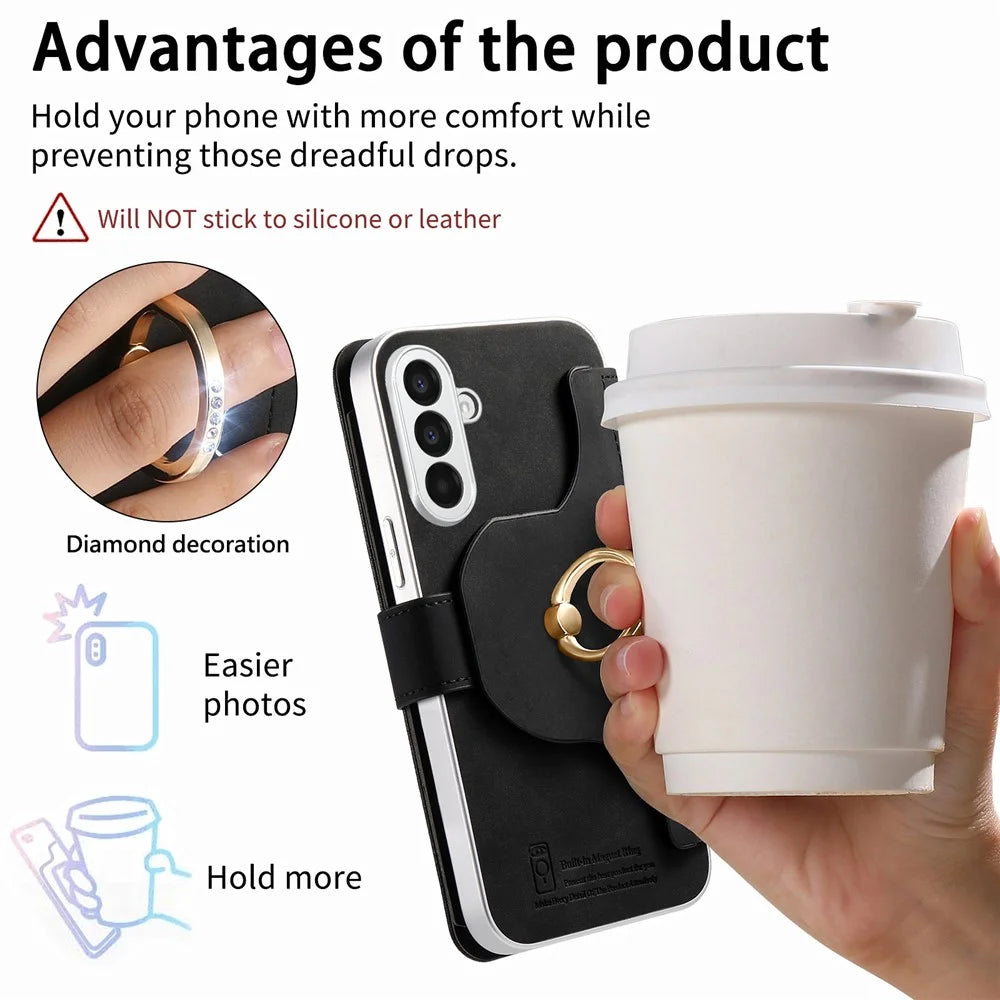 For Samsung Galaxy A18 5G / A18 4G / A17 5G / A17 4G Case RFID Blocking Detachable Magnetic Leather Phone Cover with Ring Holder - Black - 7