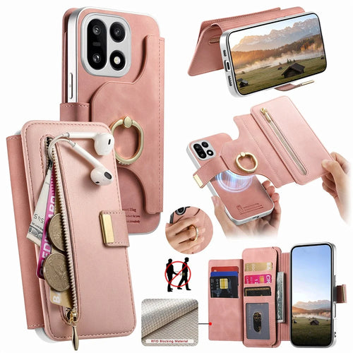 For OnePlus 15 5G Case RFID Blocking Detachable Magnetic Leather Phone Cover with Ring Holder - Pink - 1