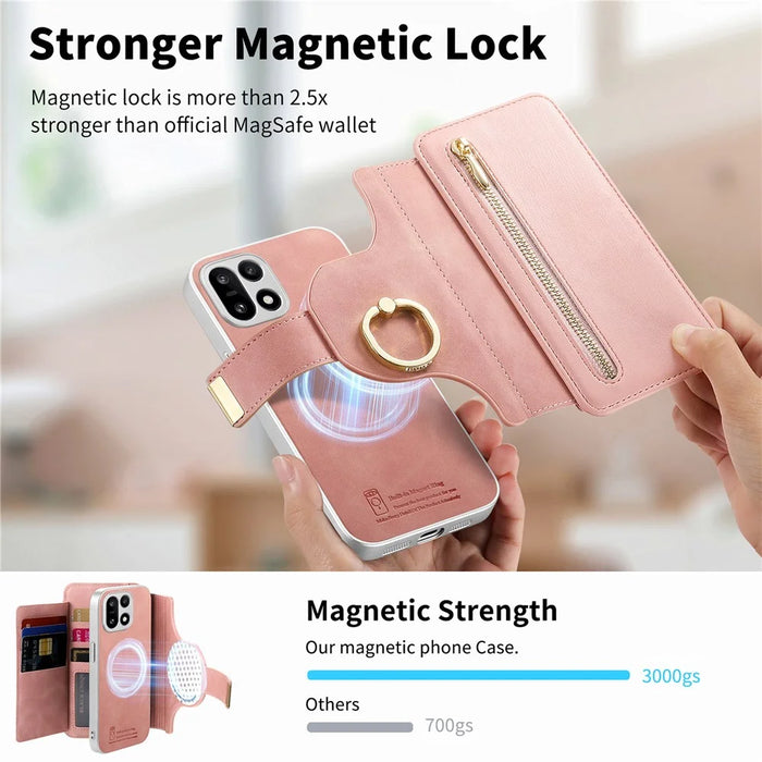 For OnePlus 15 5G Case RFID Blocking Detachable Magnetic Leather Phone Cover with Ring Holder - Pink - 6