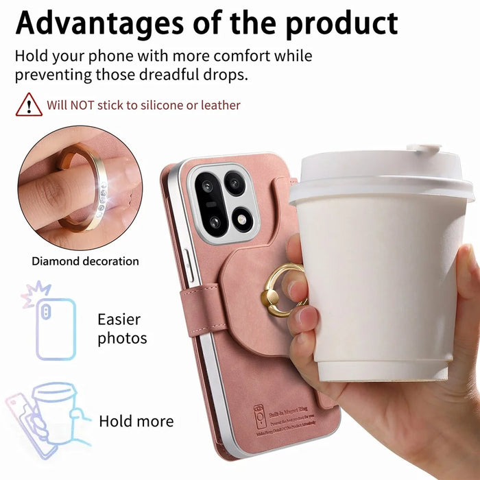 For OnePlus 15 5G Case RFID Blocking Detachable Magnetic Leather Phone Cover with Ring Holder - Pink - 7