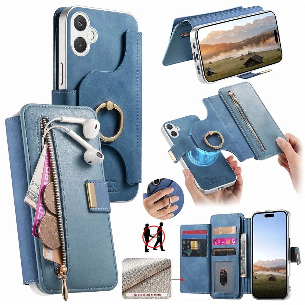 For Samsung Galaxy A08 5G / A08 4G / A07 5G / A07 4G Case RFID Blocking Detachable Magnetic Leather Phone Cover with Ring Holder - Blue - 1