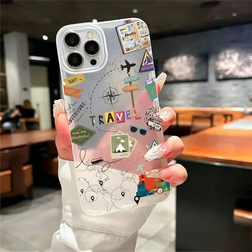 For iPhone 17e / 16e Case Travel Map Aircraft Pattern Clear TPU Shockproof Phone Cover - Transparent - 3