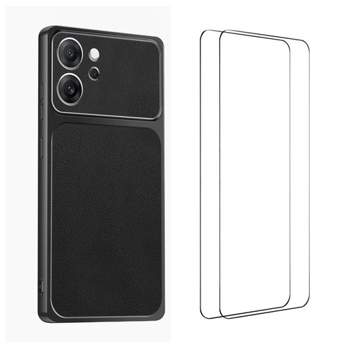 WANLONFENG for Oppo Reno14 F 5G XYP Series Case Lambskin Texture PC TPU Precise Cutouts Phone Cover with 2Pcs Tempered Glass Film - Black - 1
