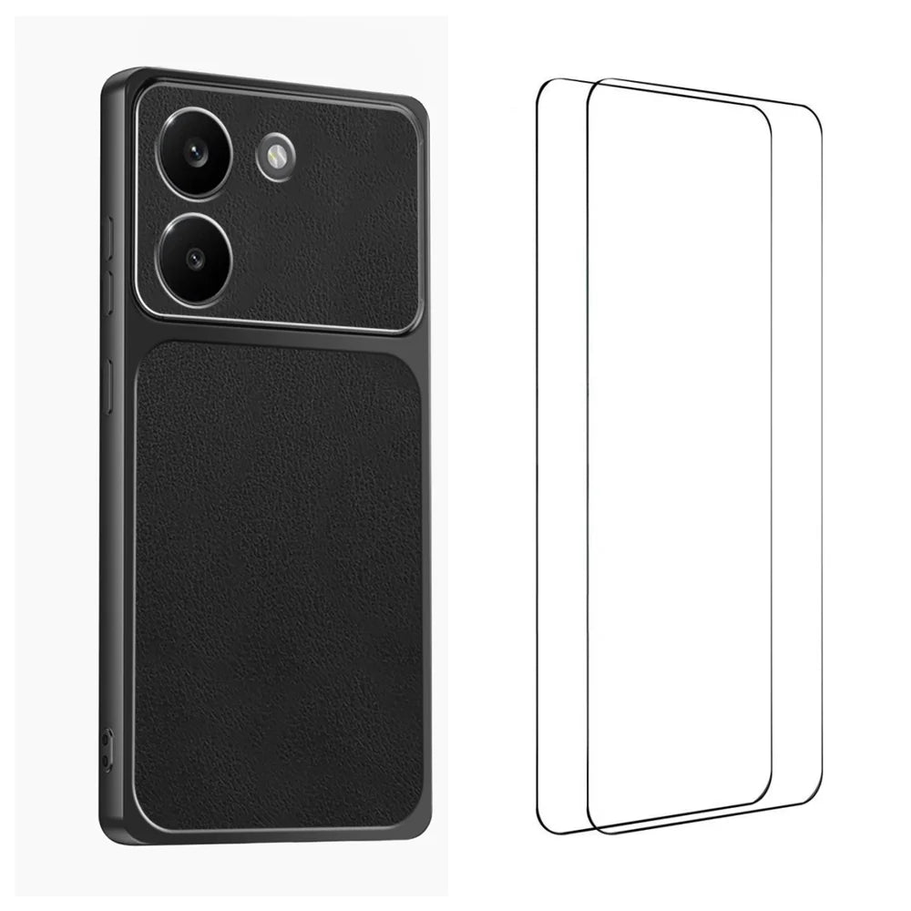 WANLONFENG for Xiaomi Redmi Turbo 5 5G XYP Series Case Lambskin Texture PC TPU Precise Cutouts Phone Cover with 2Pcs Tempered Glass Film - Black - 1