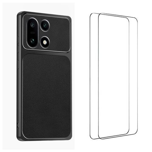 WANLONFENG for OnePlus 15 5G XYP Series Case Lambskin Texture PC TPU Precise Cutouts Phone Cover with 2Pcs Tempered Glass Film - Black - 1