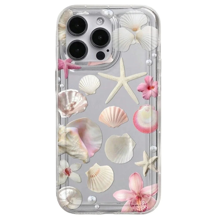 For iPhone 13 Pro Max Case Floral Starfish Shell Pattern Clear TPU Protective Phone Cover - Pink - 1