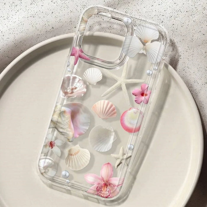For iPhone 13 Pro Max Case Floral Starfish Shell Pattern Clear TPU Protective Phone Cover - Pink - 2